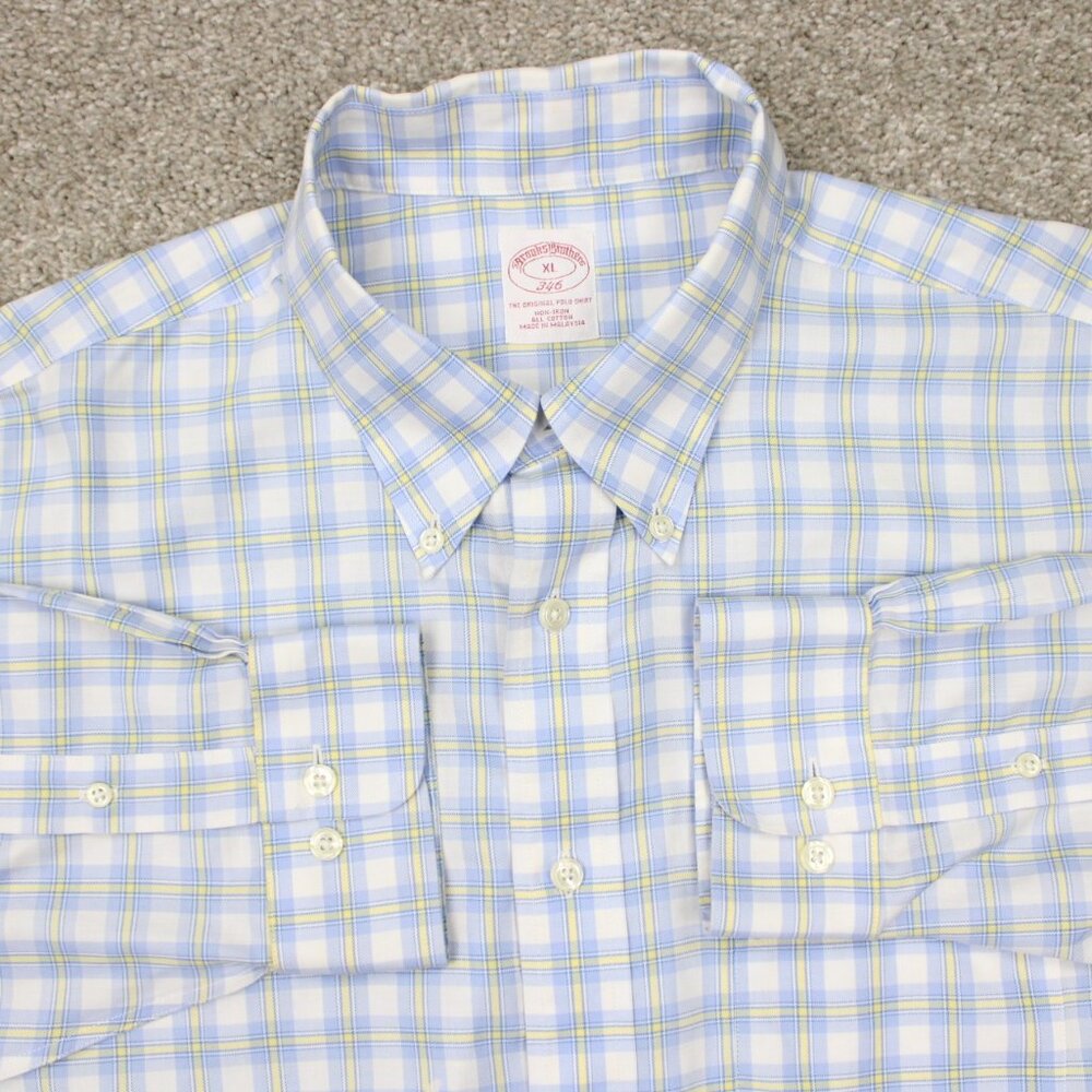 Brooks Brothers 346 Shirt Mens‎ XL Blue/Yellow Non-Iron Cotton Original Polo L/S